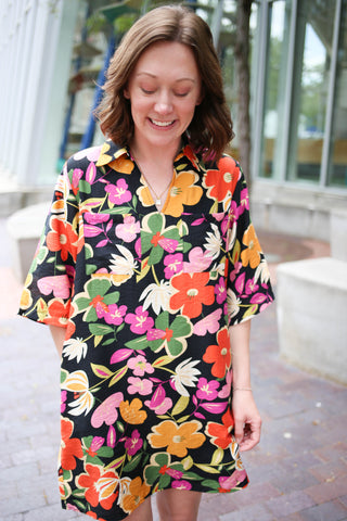 Black with Bright Retro Floral Print Dress | Andrea Jodifl
