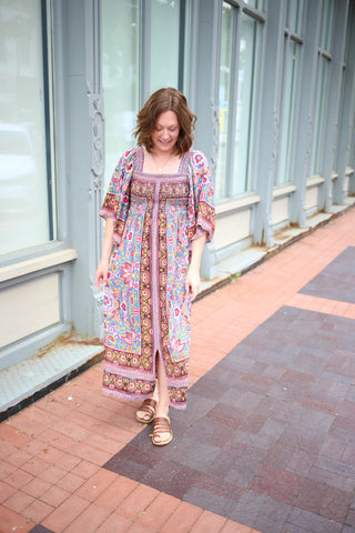 Pink and Blue Floral Smocked Midi Dress | Miranda angie
