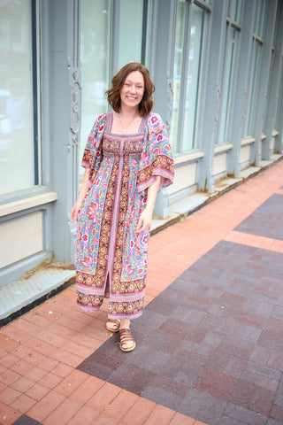 Pink and Blue Floral Smocked Midi Dress | Miranda angie