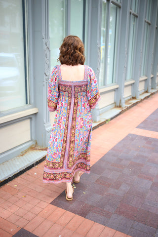 Pink and Blue Floral Smocked Midi Dress | Miranda angie
