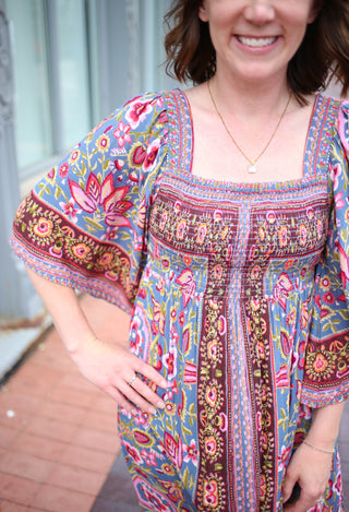 Pink and Blue Floral Smocked Midi Dress | Miranda angie