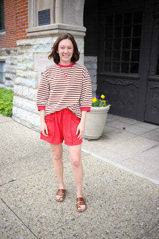 Brown Stripe with Red Trim Short Sleeve Top | Josie Jodifl
