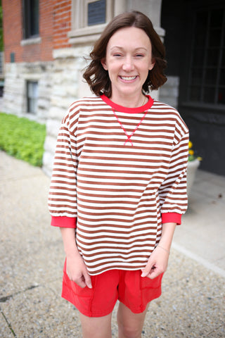 Brown Stripe with Red Trim Short Sleeve Top | Josie Jodifl