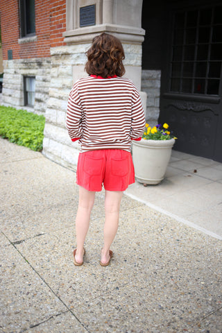 Brown Stripe with Red Trim Short Sleeve Top | Josie Jodifl