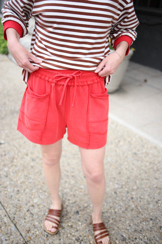 Bright red mineral wash terry casual shorts 