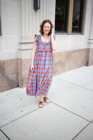 Multicolor Plaid Midi Dress with Ruffle shoulder detail, Wishlist