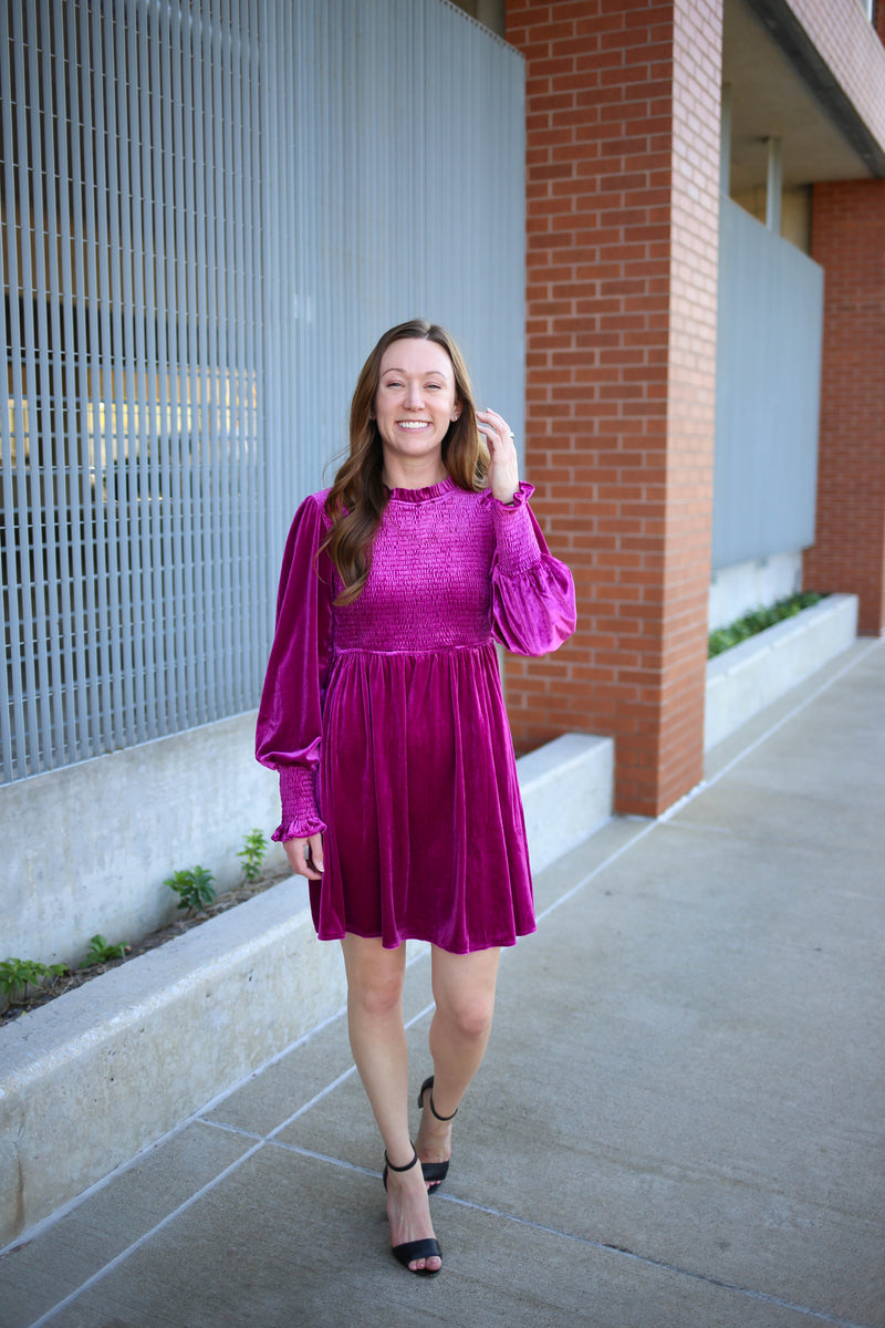 Hot Pink Velvet Long Sleeve Dress | Boutique Elise | Angela Jodifl