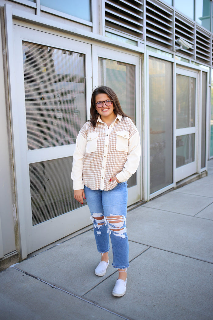 Blu Pepper Khaki and ivory houndstooth shacket