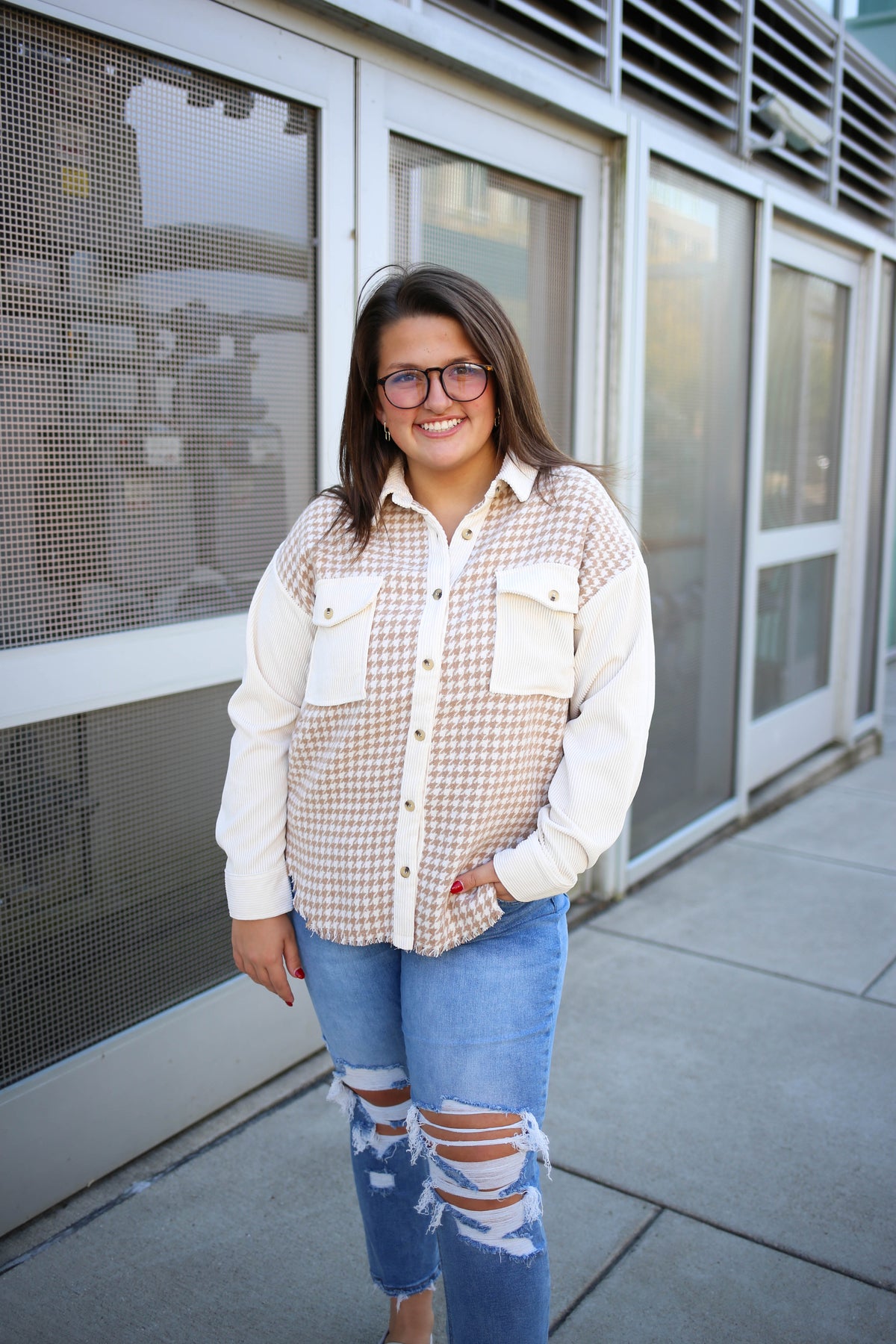 Khaki and Ivory Houndstooth Shacket | Boutique Elise | Eliza Blu Pepper