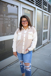 Khaki and Ivory Houndstooth Shacket | Boutique Elise | Eliza Blu Pepper