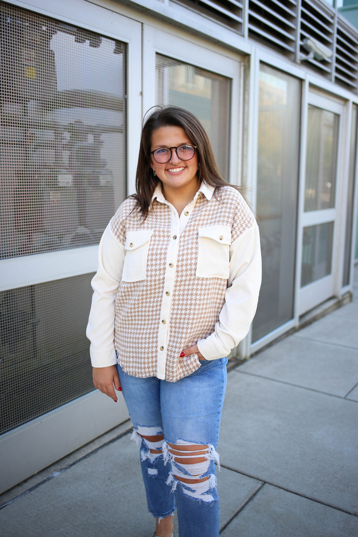 Khaki and Ivory Houndstooth Shacket | Boutique Elise | Eliza Blu Pepper
