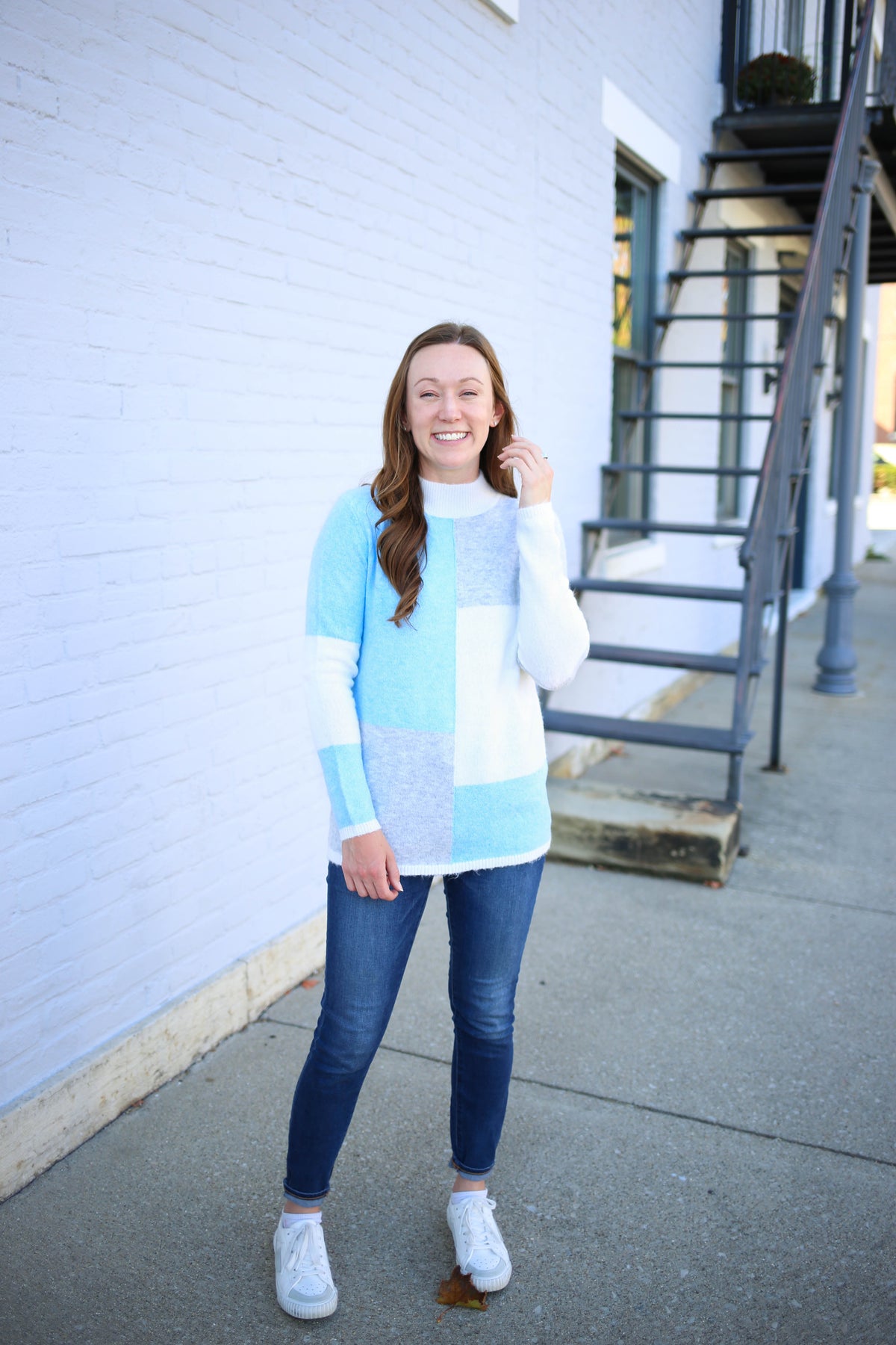 staccato blue and ivory mock neck sweater