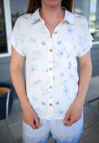Light Blue Ocean Print Short Sleeve Top Blu Pepper