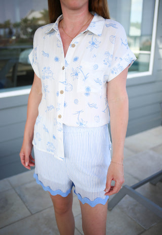 Light Blue Ocean Print Short Sleeve Top Blu Pepper