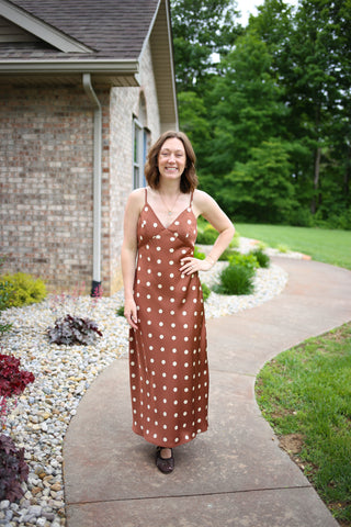 brown polka dot maxi slip dress