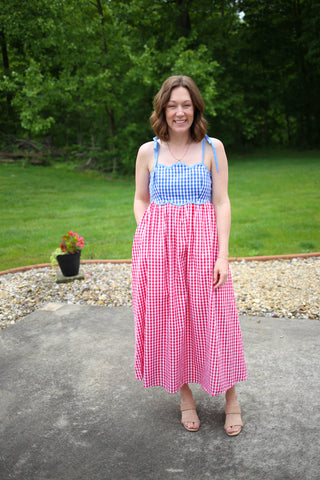 Blue and Red Gingham Check Midi Dress | Melanie Entro