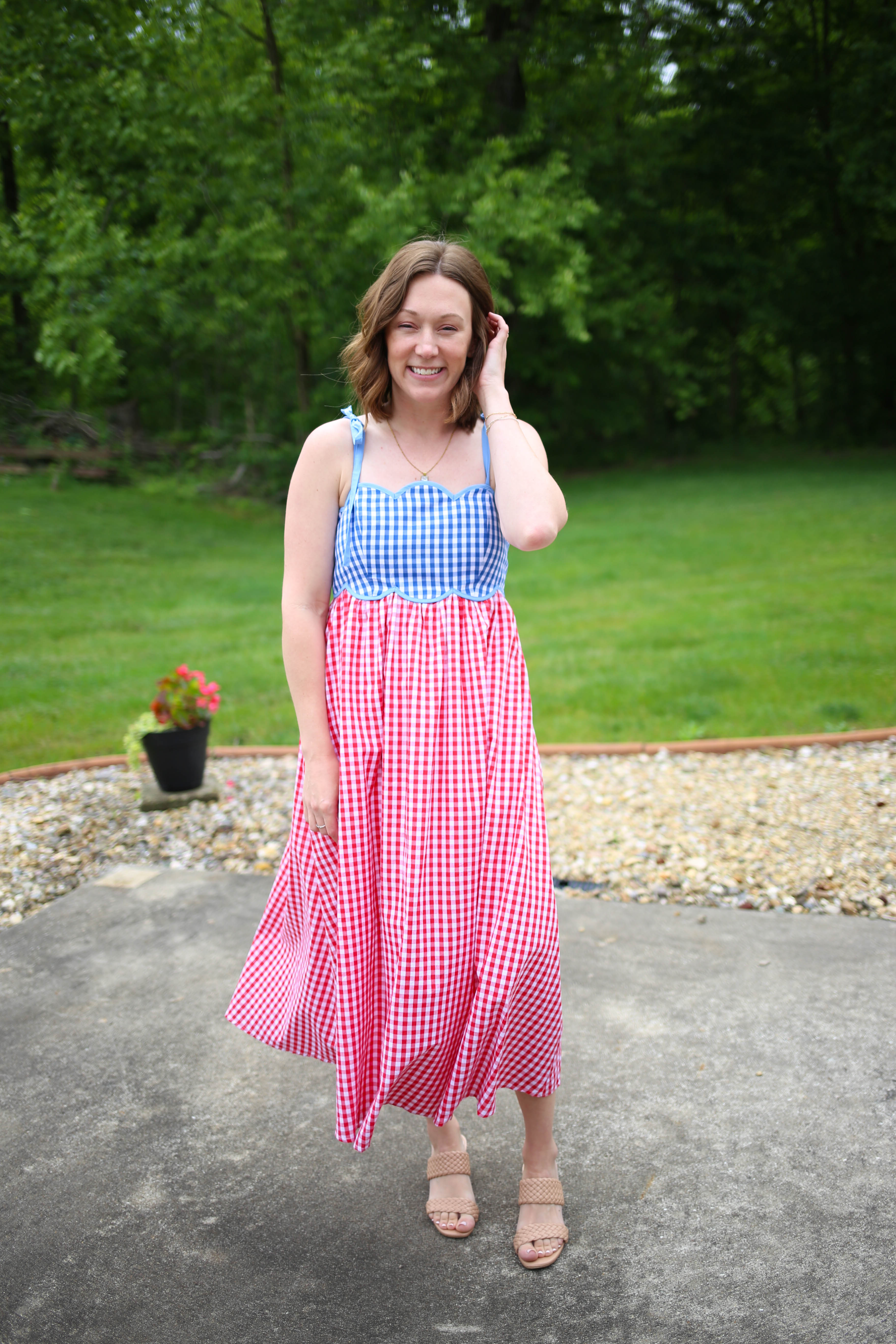 Blue and Red Gingham Check Midi Dress