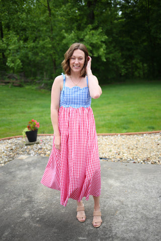 Blue and red gingham color block midi dress with scallop neckline