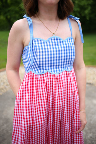 Blue and Red Gingham Check Midi Dress | Melanie Entro