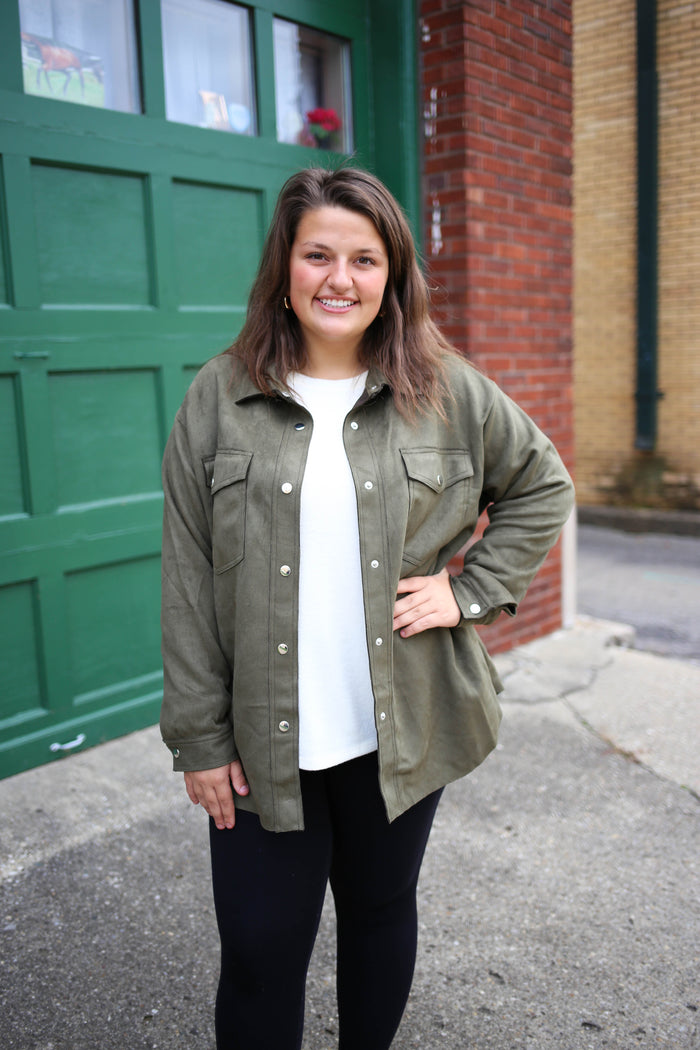 Olive Green Faux Suede Shacket | Boutique Elise | Ollie Hyfve