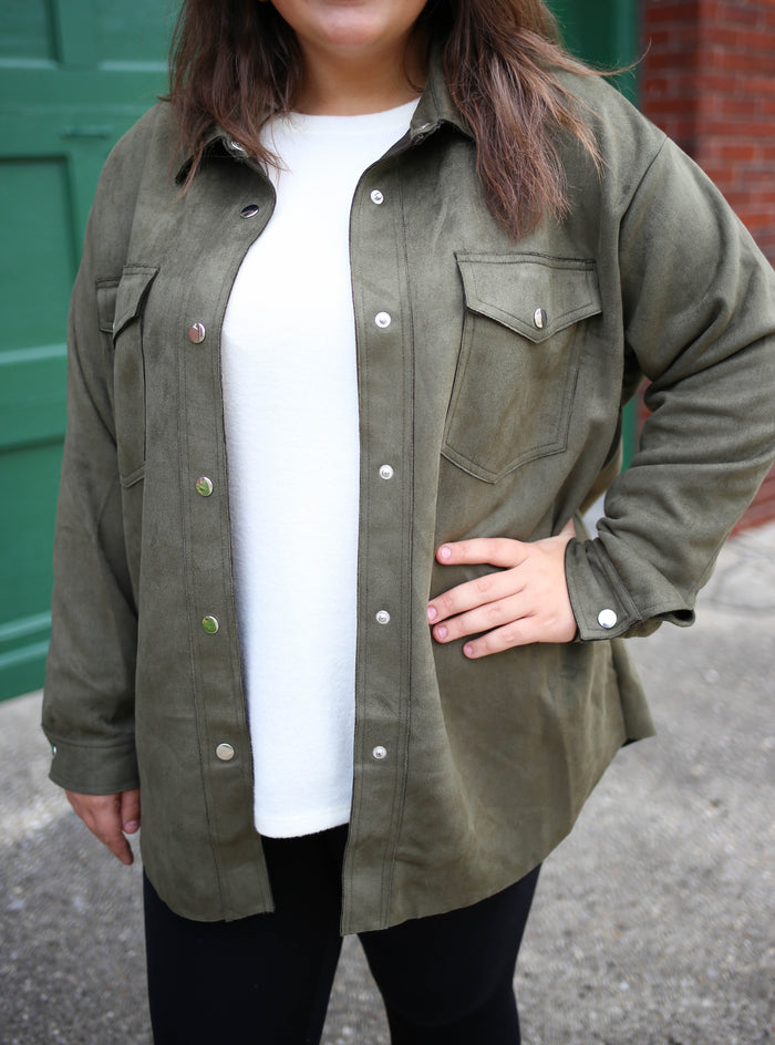 Olive Green Faux Suede Shacket | Boutique Elise | Ollie Hyfve
