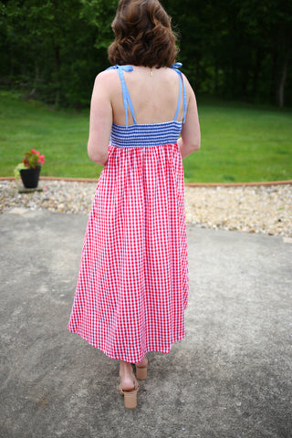 Blue and Red Gingham Check Midi Dress | Melanie Entro