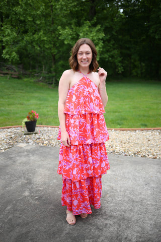 Floral Print Tiered Halter Maxi Dress | Avery Entro