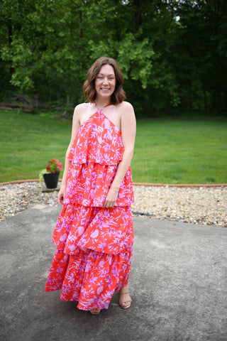 vibrant floral print halter neckline tiered ruffle maxi dress