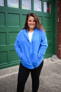 bright cobalt blue fleece jacket