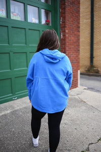 back of the bright cobalt blue fleece jacket