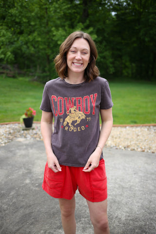 brown mineral wash cowboy rodeo short sleeve graphic tee