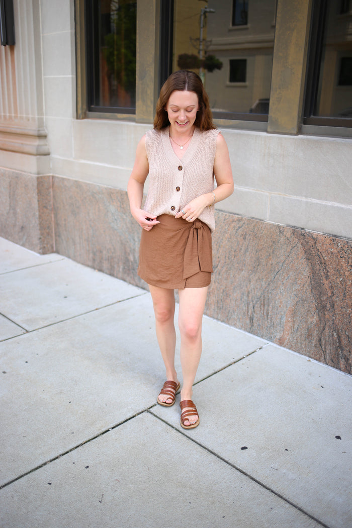 Taupe Knit Sleeveless Button Vest | Julia Staccato