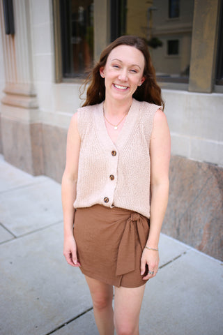 Taupe Knit Sleeveless Button Vest | Julia Staccato