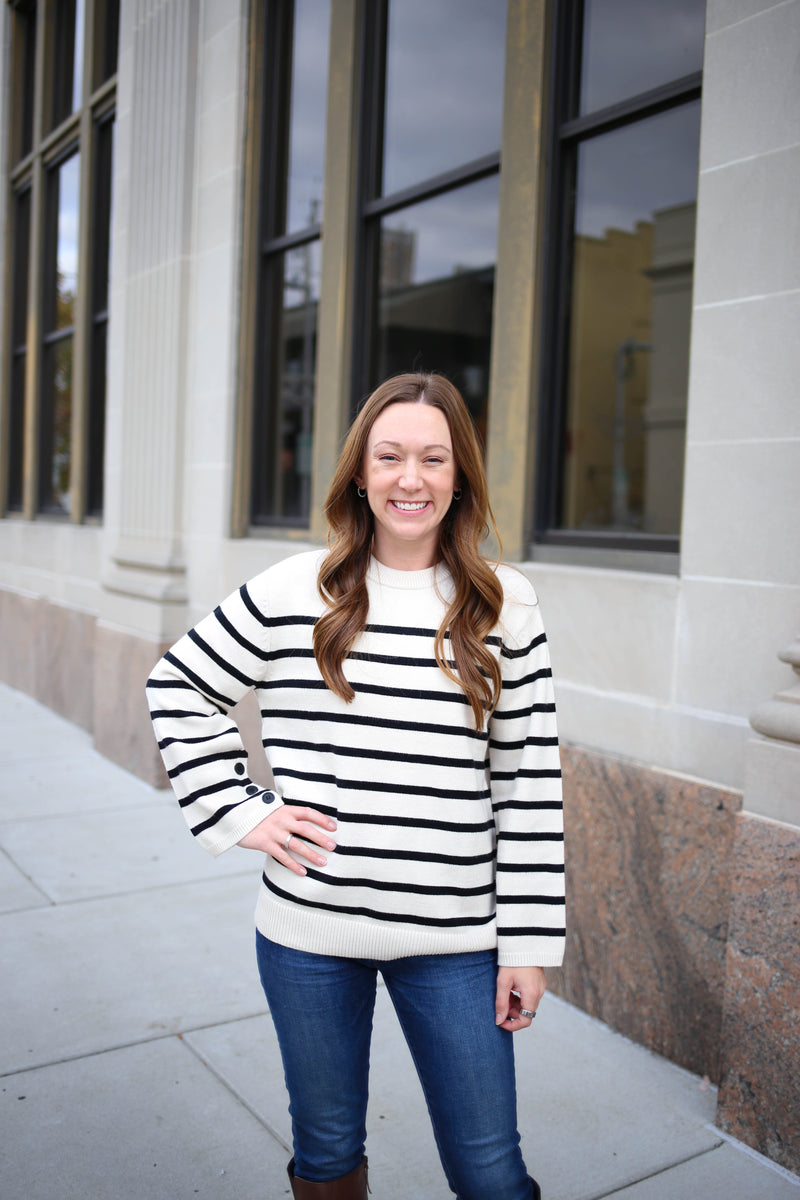 Ivory and Black Stripe Button Detail Sweater | Boutique Elise | Rylan Blu Pepper
