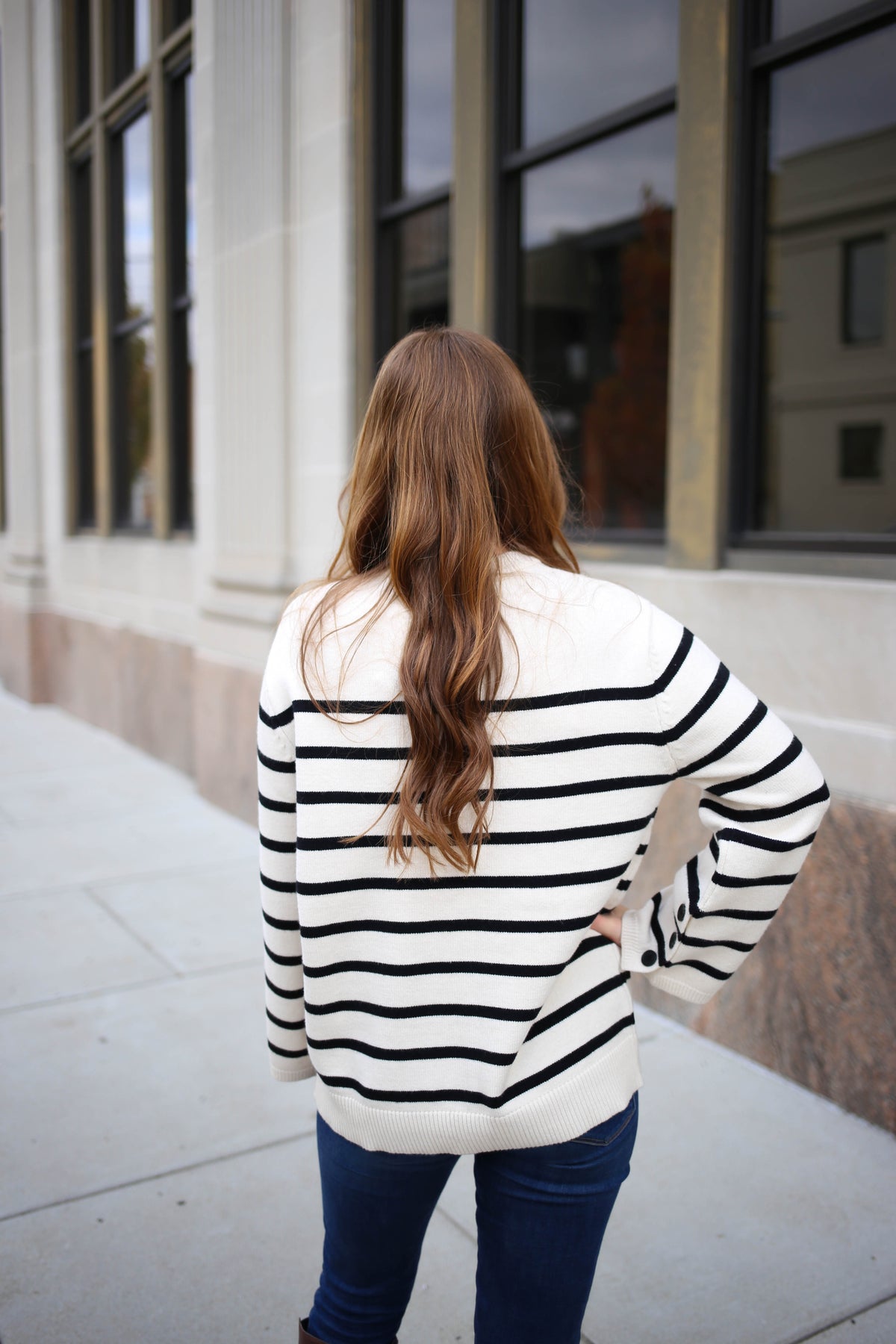 Ivory and Black Stripe Button Detail Sweater | Boutique Elise | Rylan Blu Pepper