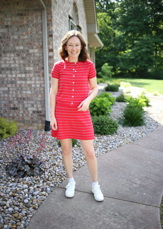 Bright Red Stripe Short Sleeve Cardigan and Skort Set | Blake Anniewear