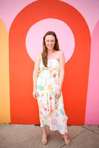 Off White Summer Print Midi Sundress | Avery Blu Pepper