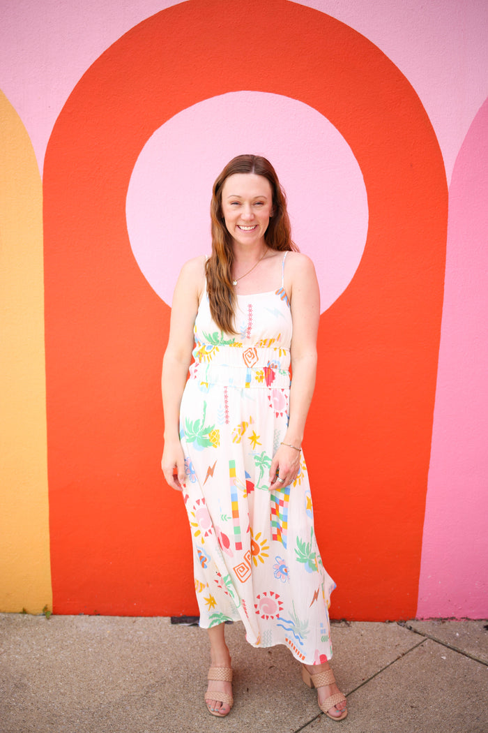Off White Summer Print Midi Sundress | Avery Blu Pepper