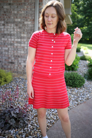 Bright Red Stripe Short Sleeve Cardigan and Skort Set | Blake Anniewear