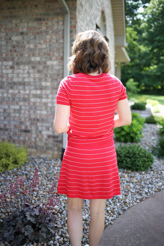 Bright Red Stripe Short Sleeve Cardigan and Skort Set | Blake Anniewear