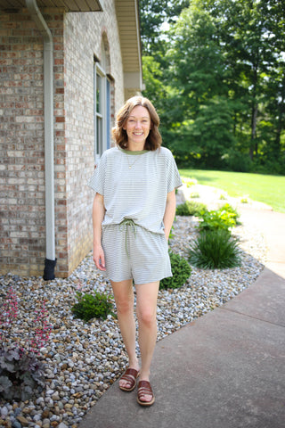Grey Stripe and Olive Green Top and Shorts Set | Taylor Anniewear