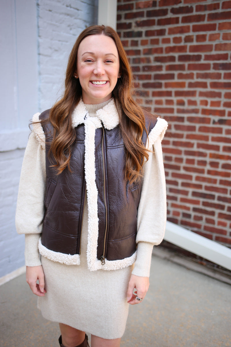 Womens Faux Leather Sherling Vest | Boutique Elise | Felicity Blu Pepper