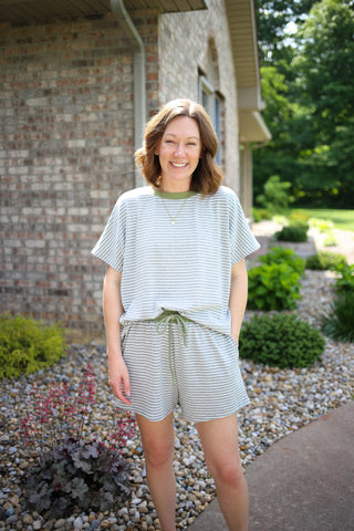 Grey Stripe and Olive Green Top and Shorts Set | Taylor Anniewear