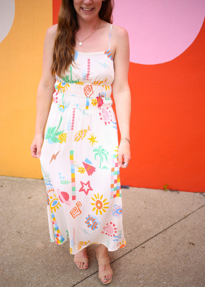 Off White Summer Print Midi Sundress | Avery Blu Pepper