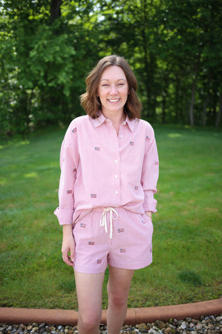 red and white stripe button-down top and shorts set with american flag embroidery