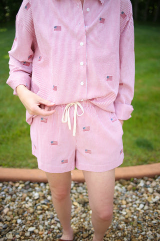 Red and white stripe with American Flag embroidery detail shorts