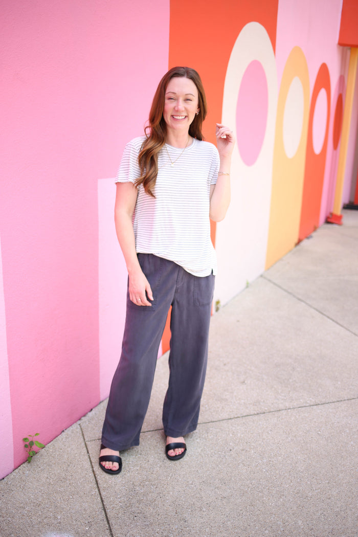 off-white and charcoal stripe short sleeve top with charcoal pants