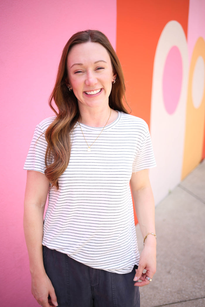 off-white and charcoal stripe short sleeve top