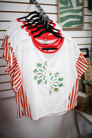 red stripe flutter short sleeve top