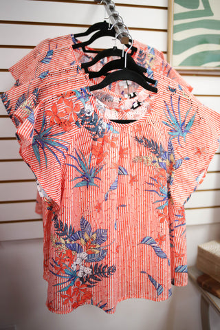 Red Stripe Floral Print Short Sleeve Top | Jenny VOY